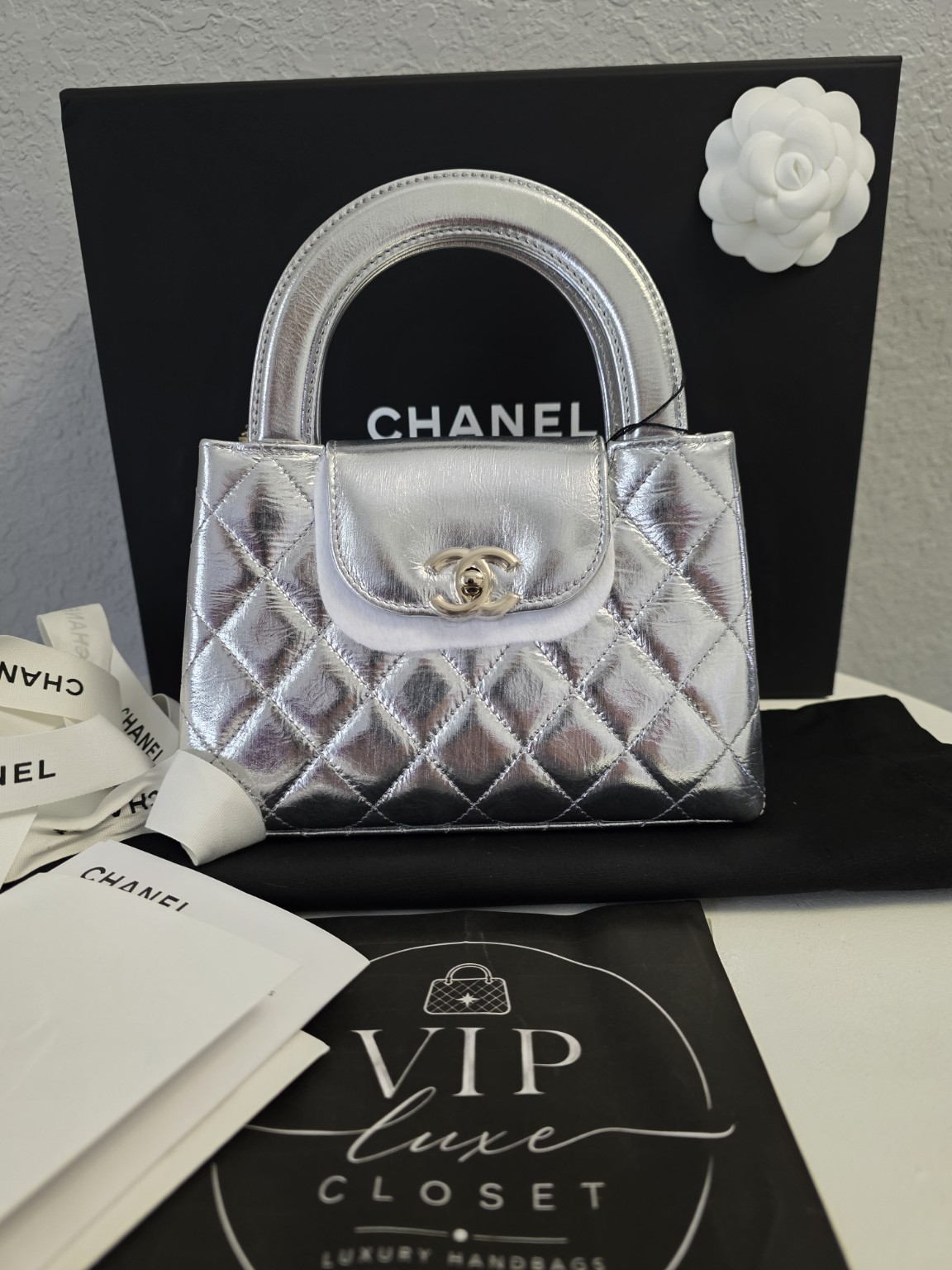 Silver Chanel top handle handbag